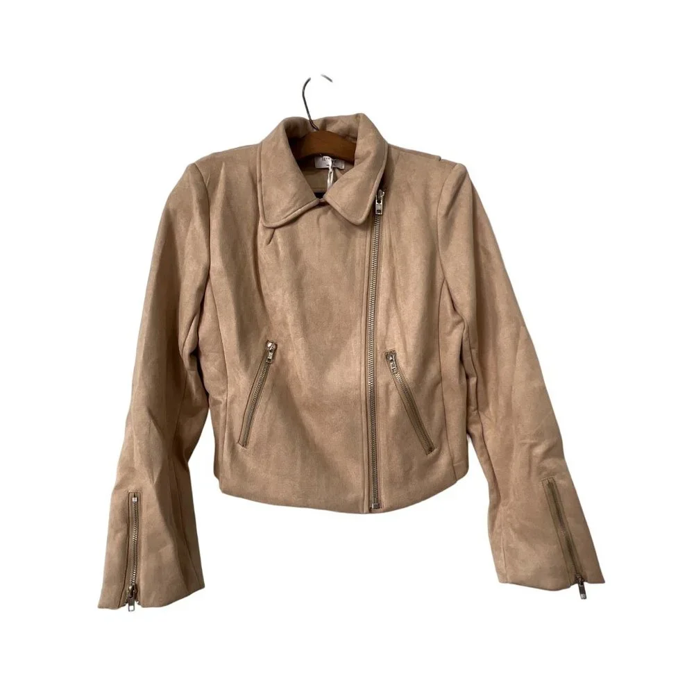 Reverof Full Zip Moto Jacket Womens L Faux Suede Asymmetrical Crop Tan NEW - Picture 1 of 4